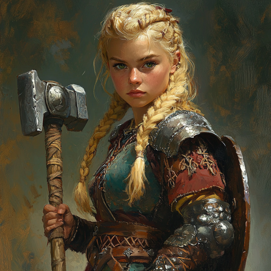 Blonde dwarf woman, green eyes, warhammer, valkyrie, oil paint.