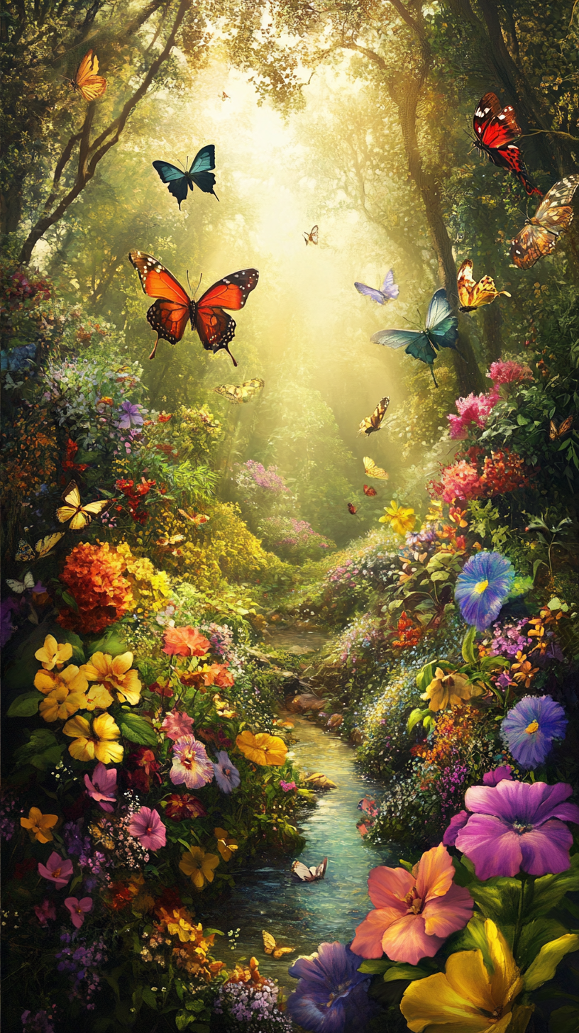 Blooming flowers in magical garden with butterflies and sunlight.