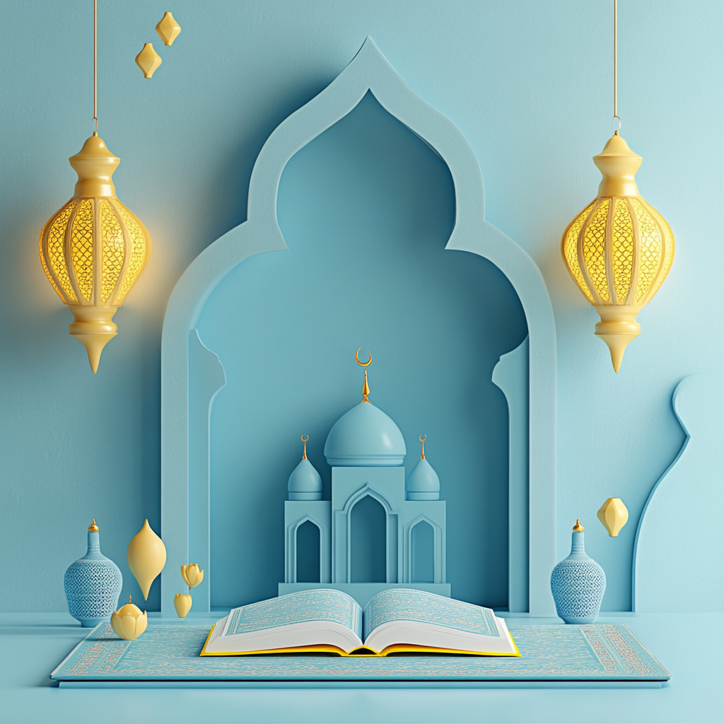 Blue and yellow Mawlid al-Nabi decor with mosque silhouette.