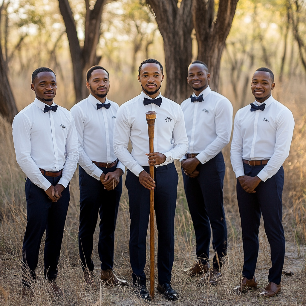 Botswana wedding groom with groomsmen, holding staff, fancy attire.