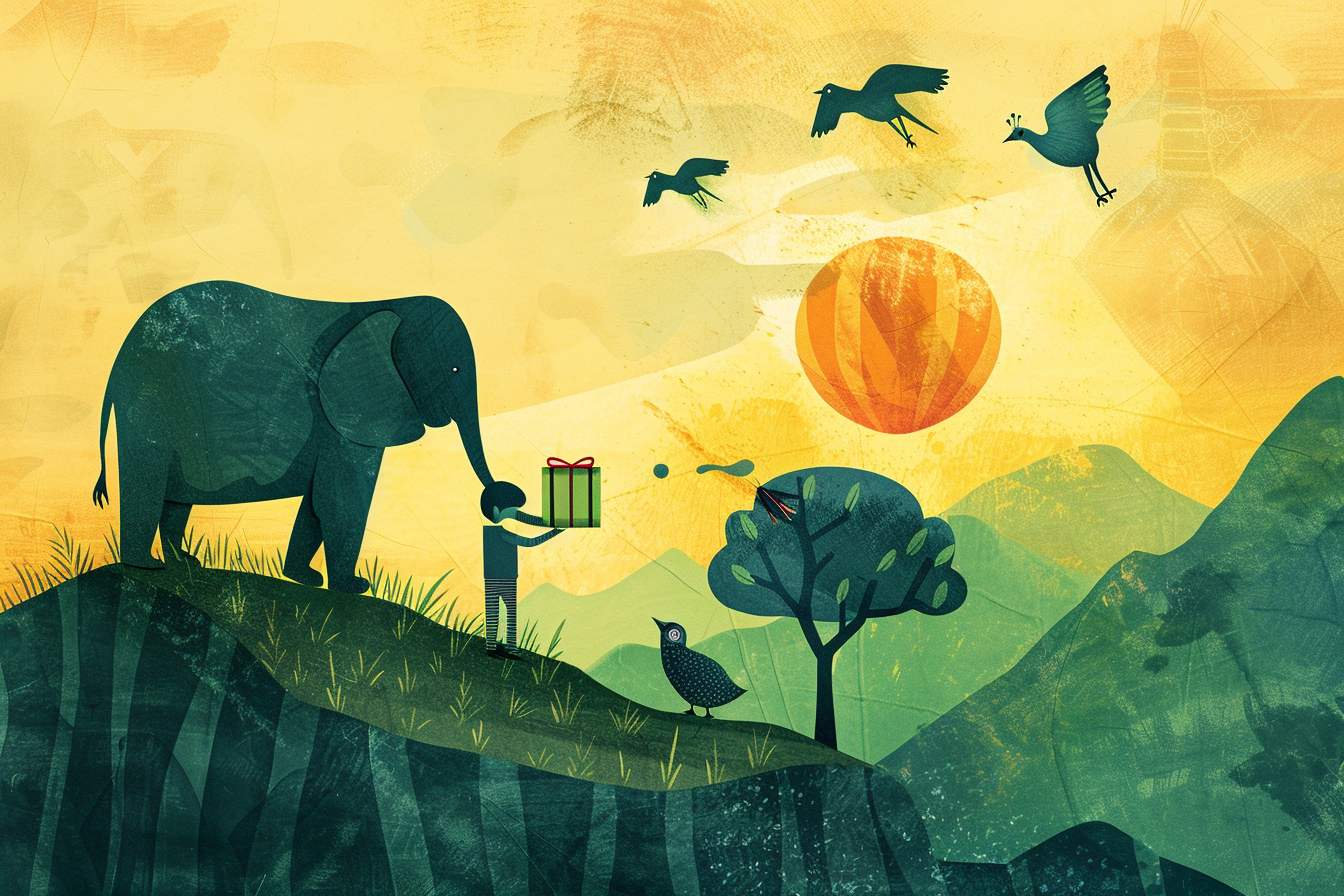 Boy and elephant share present on mountain with animals.