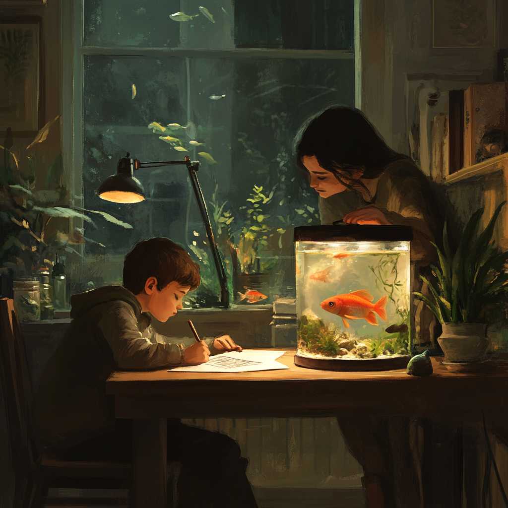 Boy drawing on desk, mother placing fish tank.