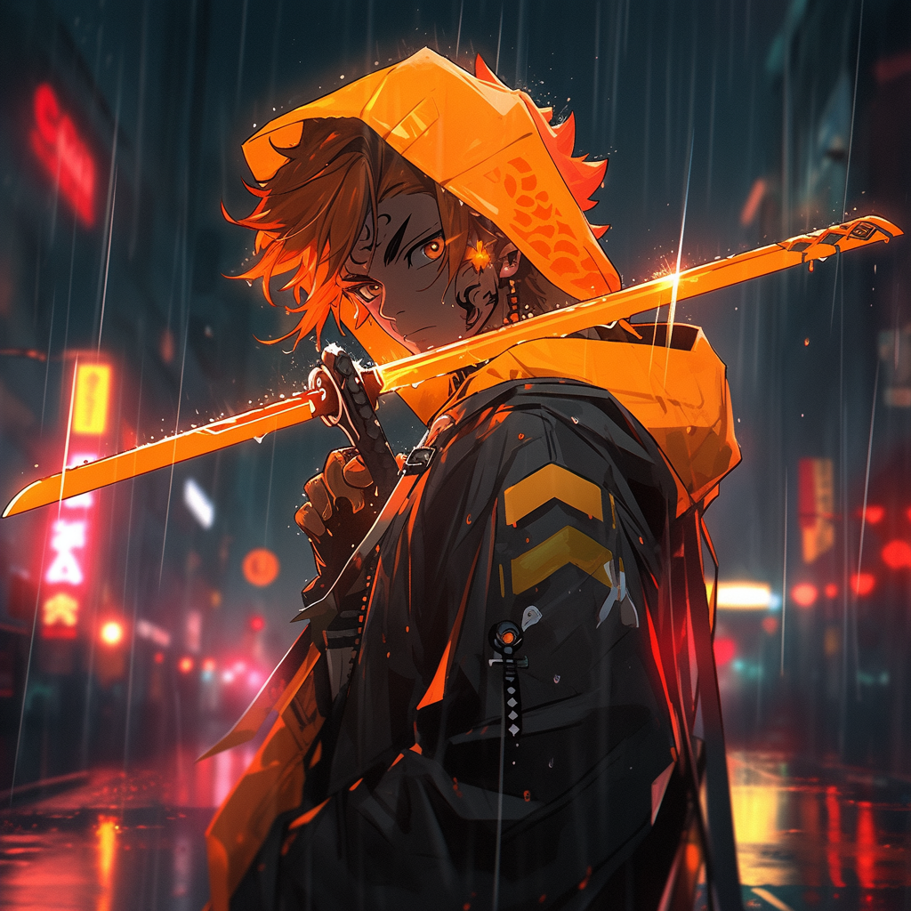 Boy in cyberpunk anime with orange samurai sword.