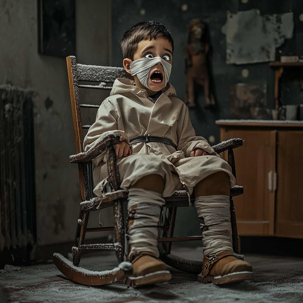 Boy in scientist coat, bound, bandaged mouth, scared feelings.