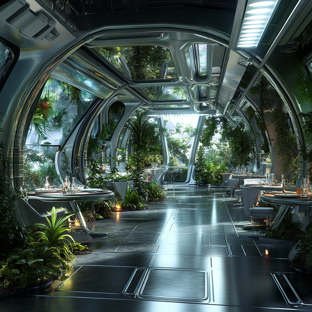 Bright space style restaurant interior with plants and bacteria.