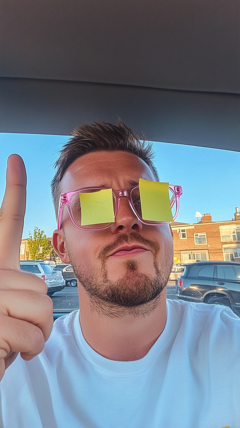 British man in selfie with post-it notes, pointing.