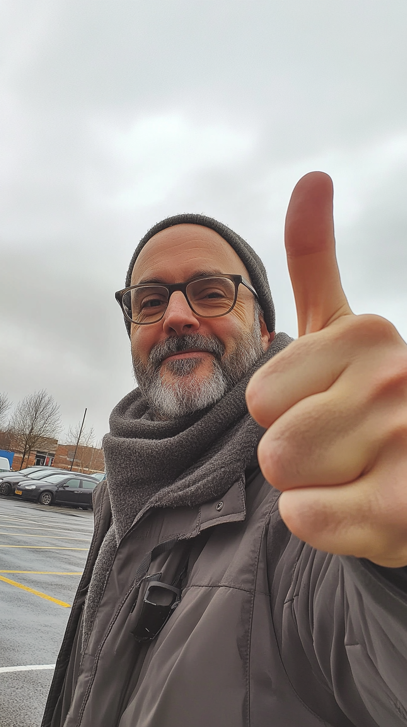 British man takes selfie in car park. Smiling.