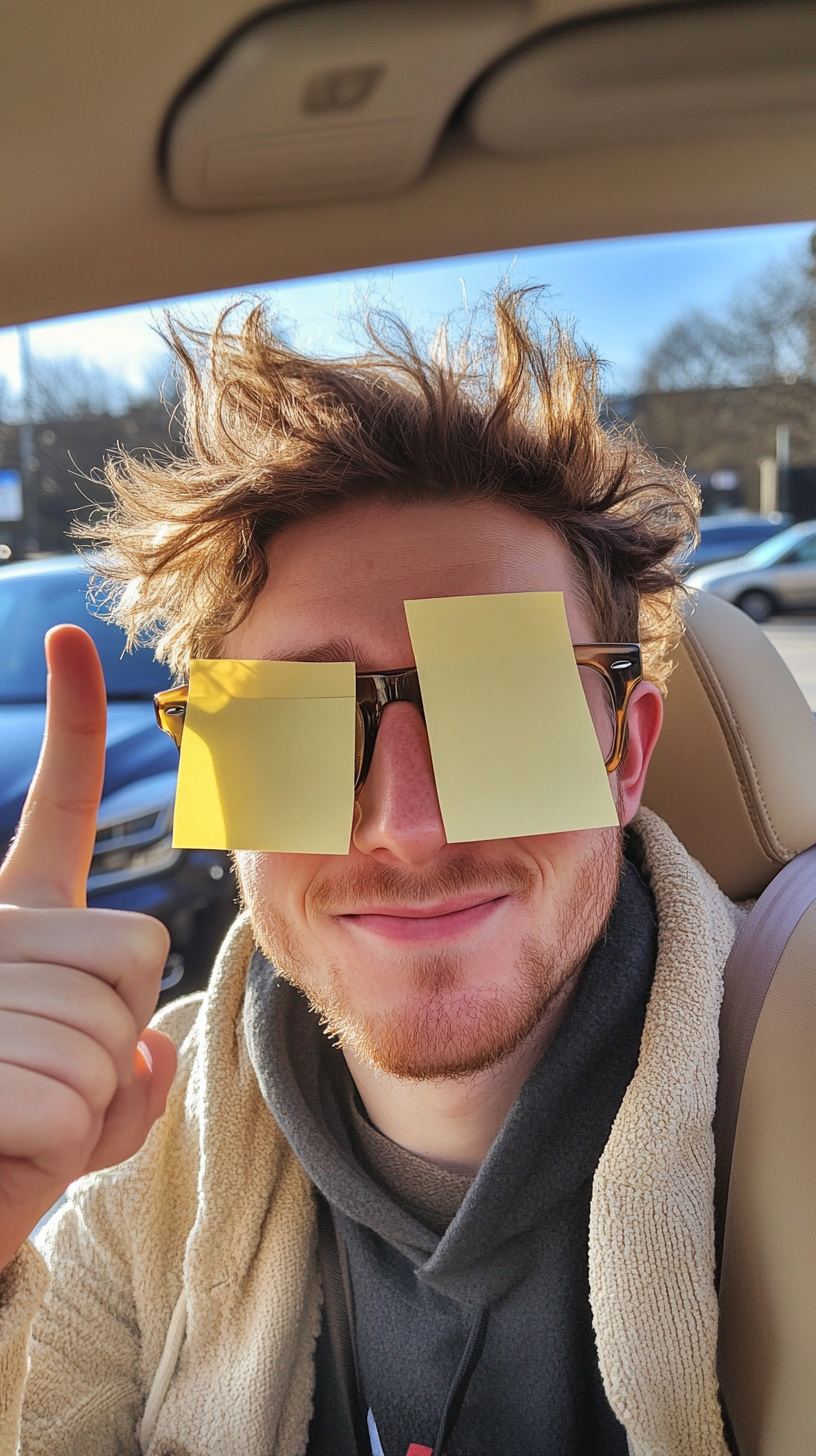 British man wearing glasses with post-it notes smiling.