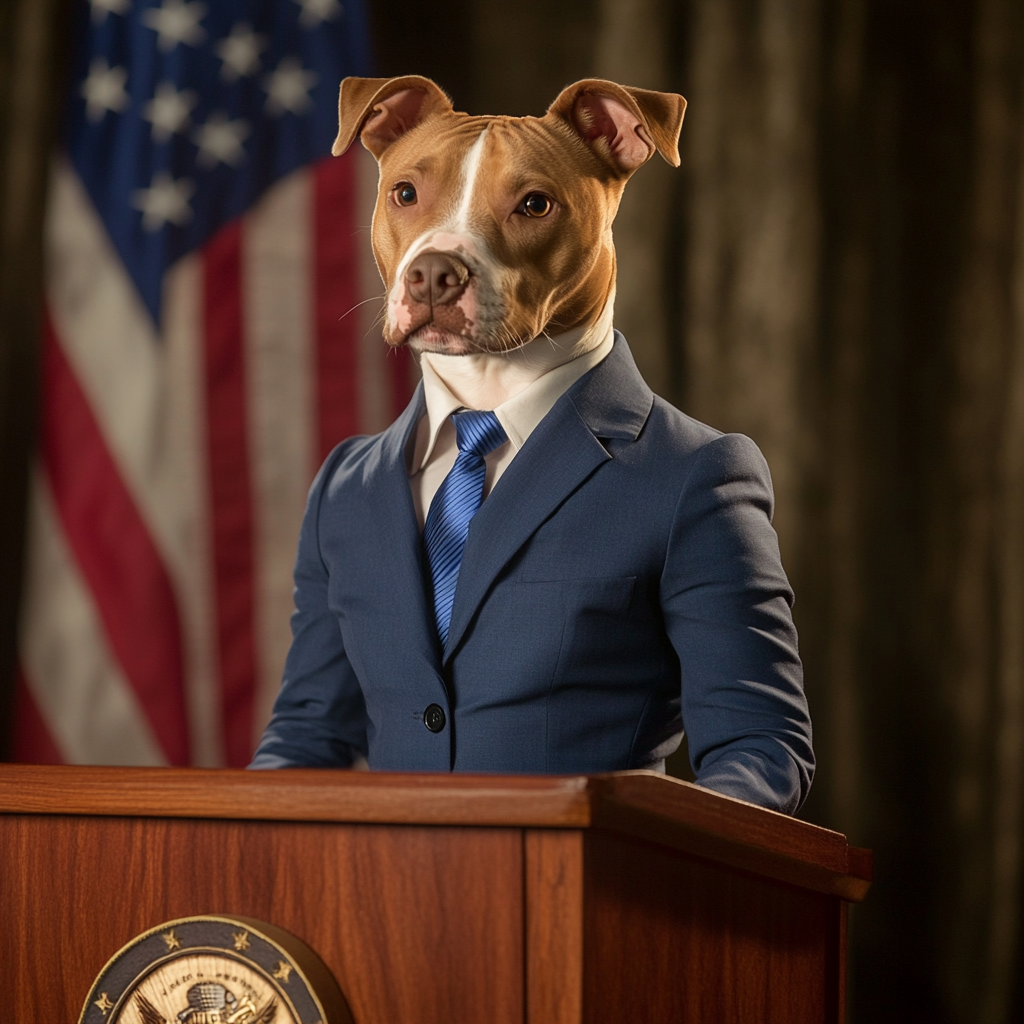 Brown pitbull in blue suit stands at podium with flag.