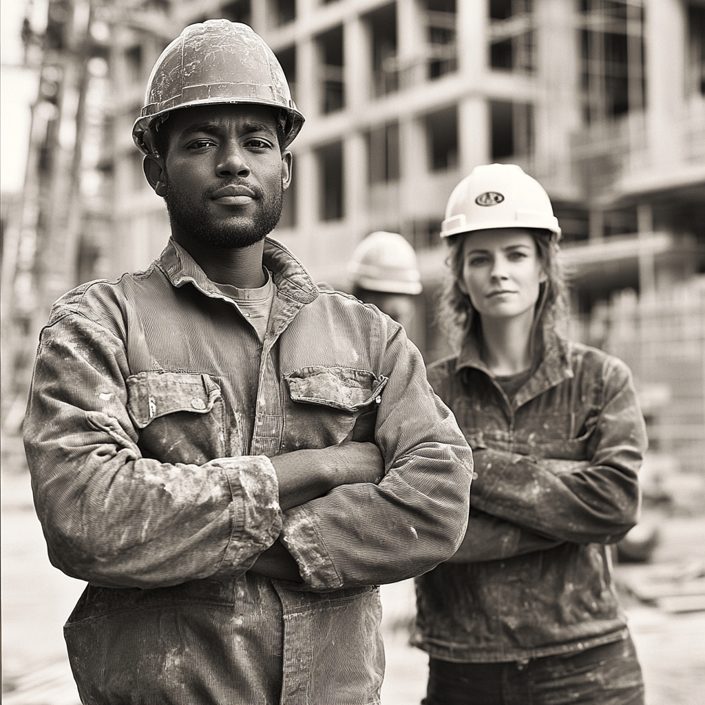 Builder African man, European architect woman, workers, construction site.