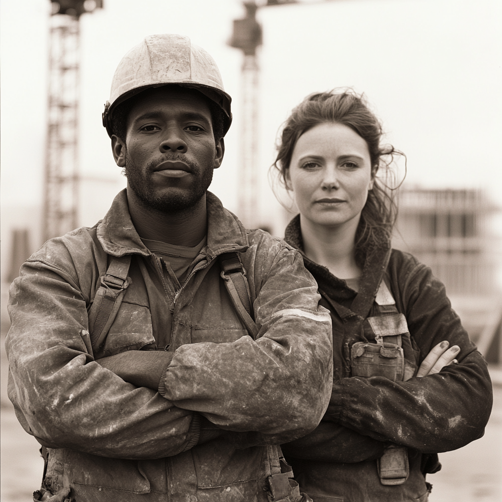 Builder and architect with workers at construction site.