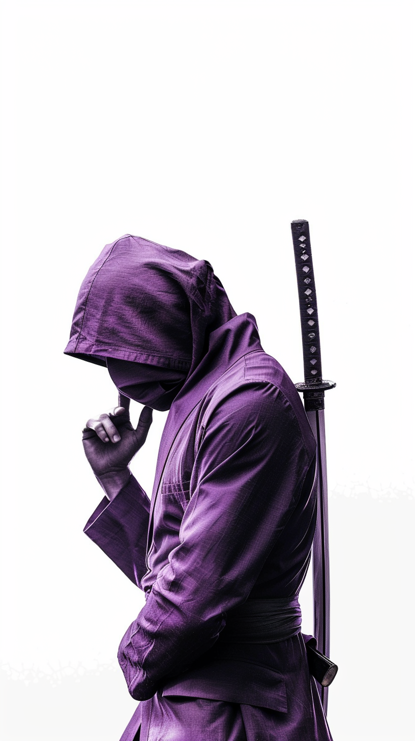 Businessman ninja in purple hooded suit deep in thought.