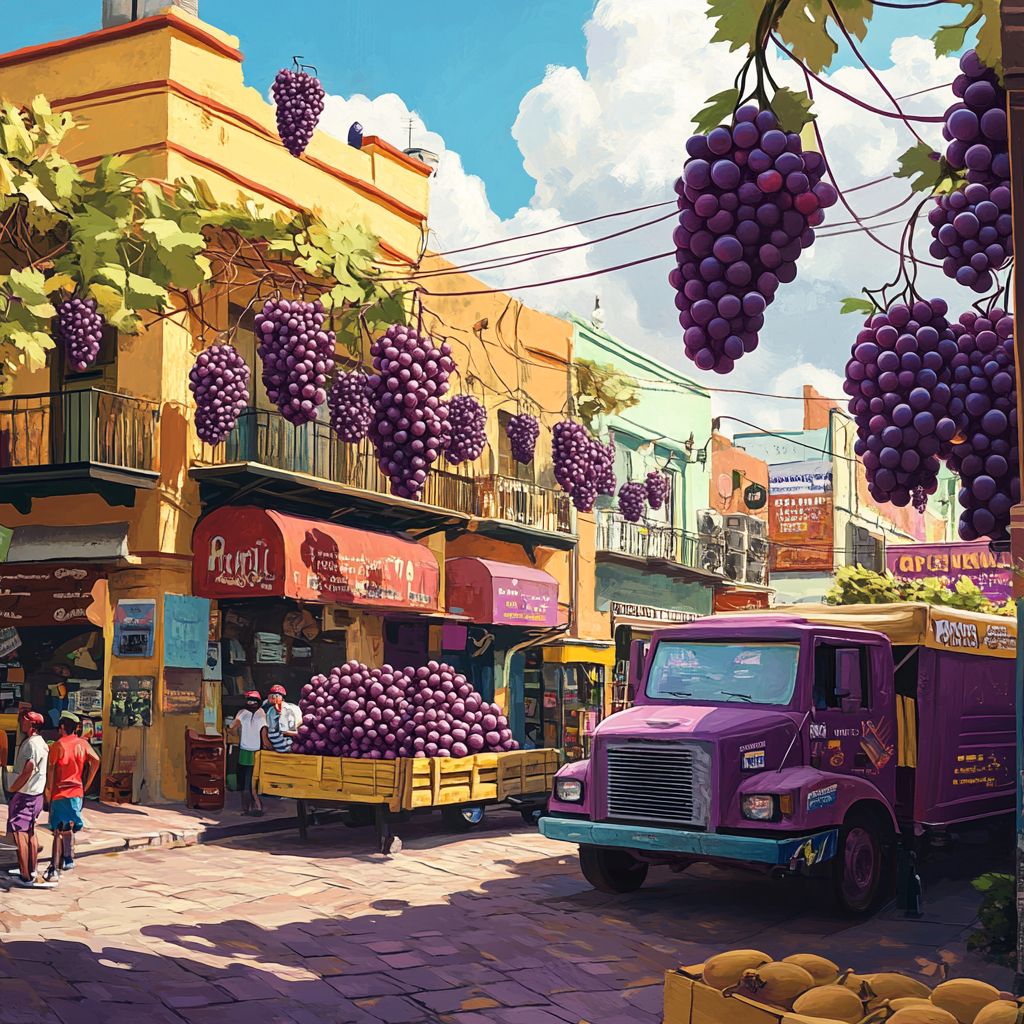 Busy Latin American city street with grape theme everywhere.