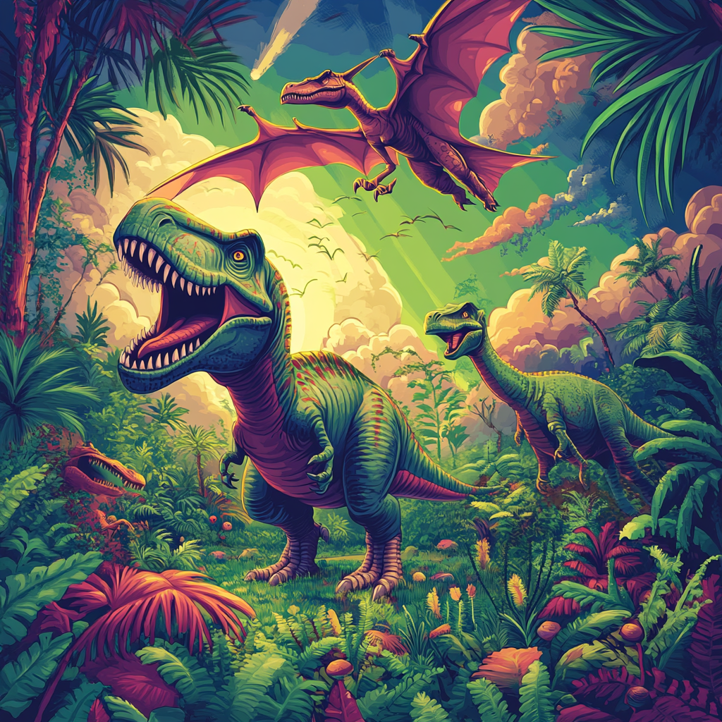 Cartoon dinosaurs in jungle: T-Rex roar, triceratops eat grass, teradactal fly.