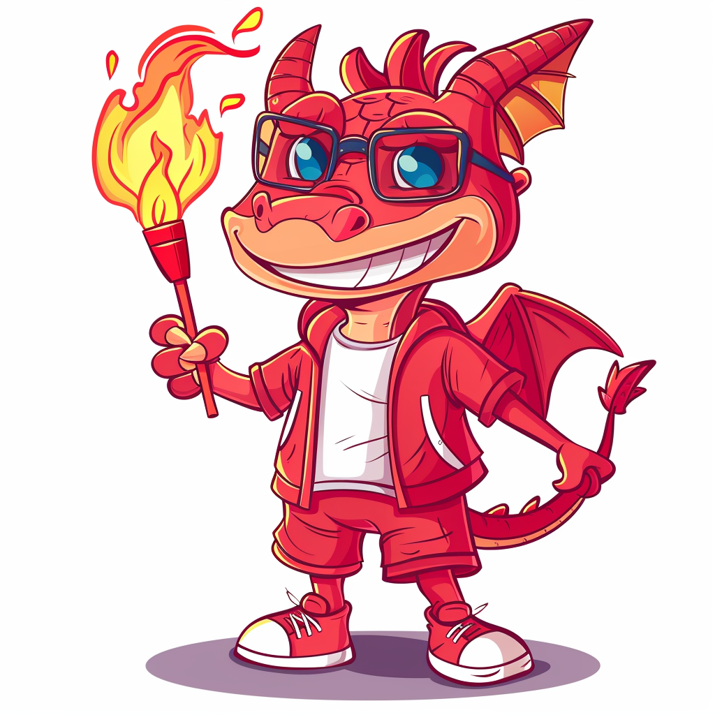 Cartoon dragon holding sports torch, playful, detailed design.