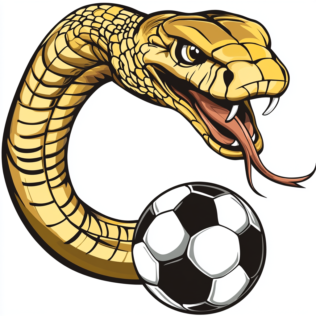 Cartoon gold cobra kicking soccer ball, logo design