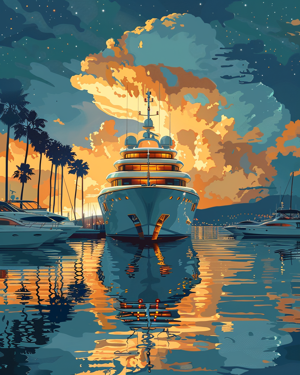 Cartoon illustration of a white yacht in a marina.