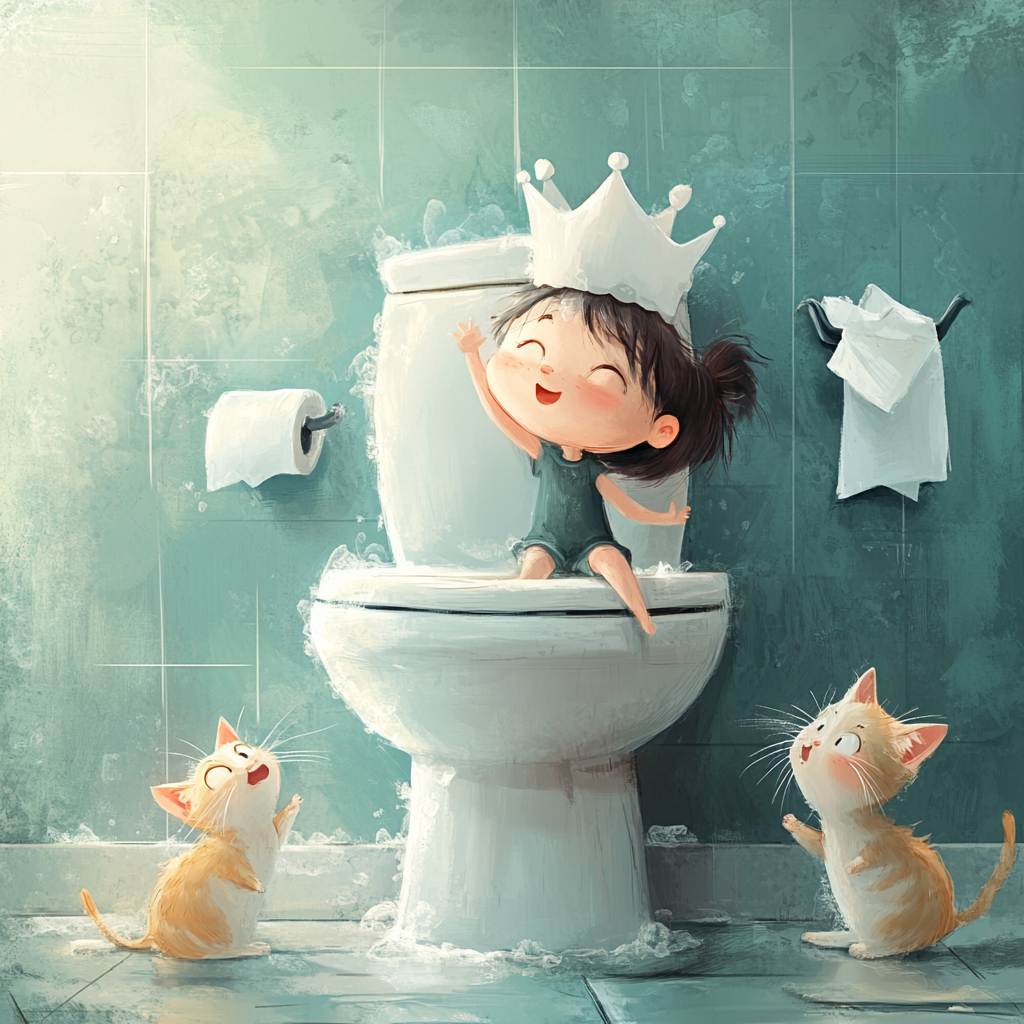 Cat queen throwing tissues into elegant toilet.