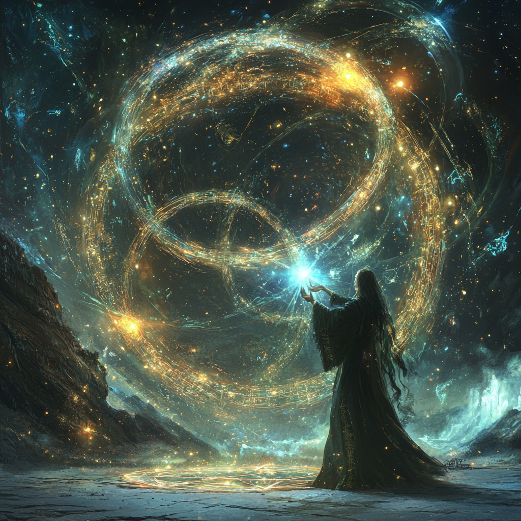 Celestial scene with powerful immortality spell and sorcerer.