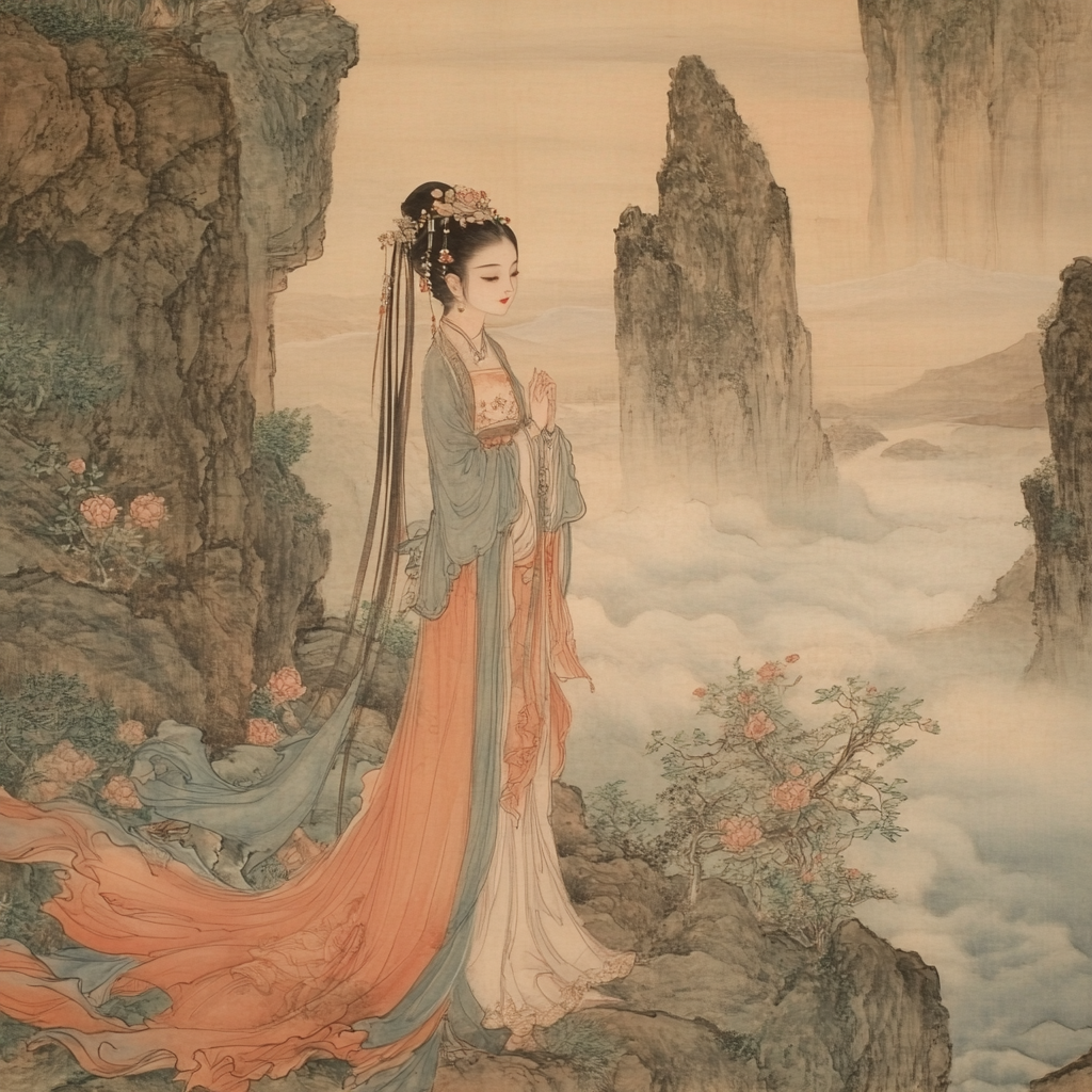 Celestial woman in splendid robes on Jade Mountain.