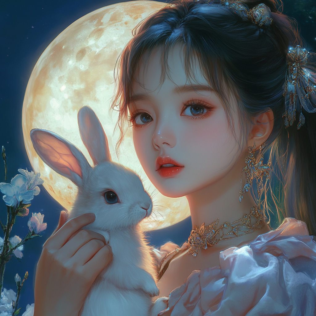 Chang e holds a rabbit by a big moon