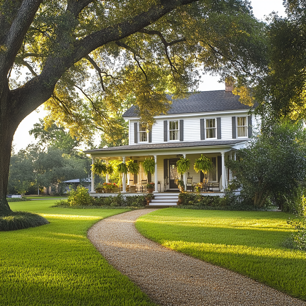 Charmin farmhouse with white exterior and inviting porch.