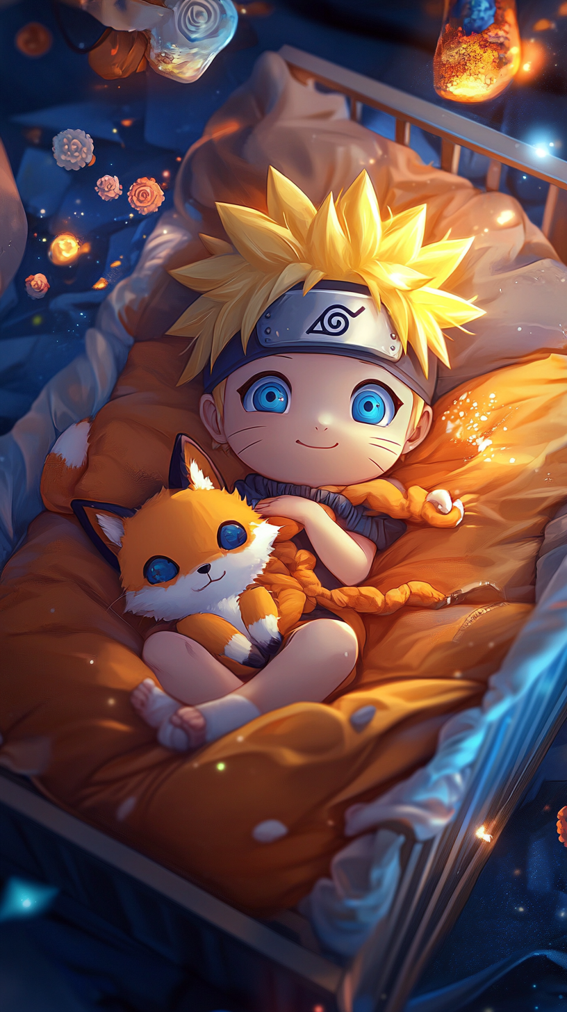 Chibi Baby Naruto hugging plush fox in cute crib.