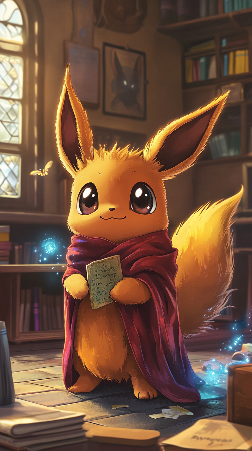 Chibi Eevee in Hogwarts robes casts spells playfully.