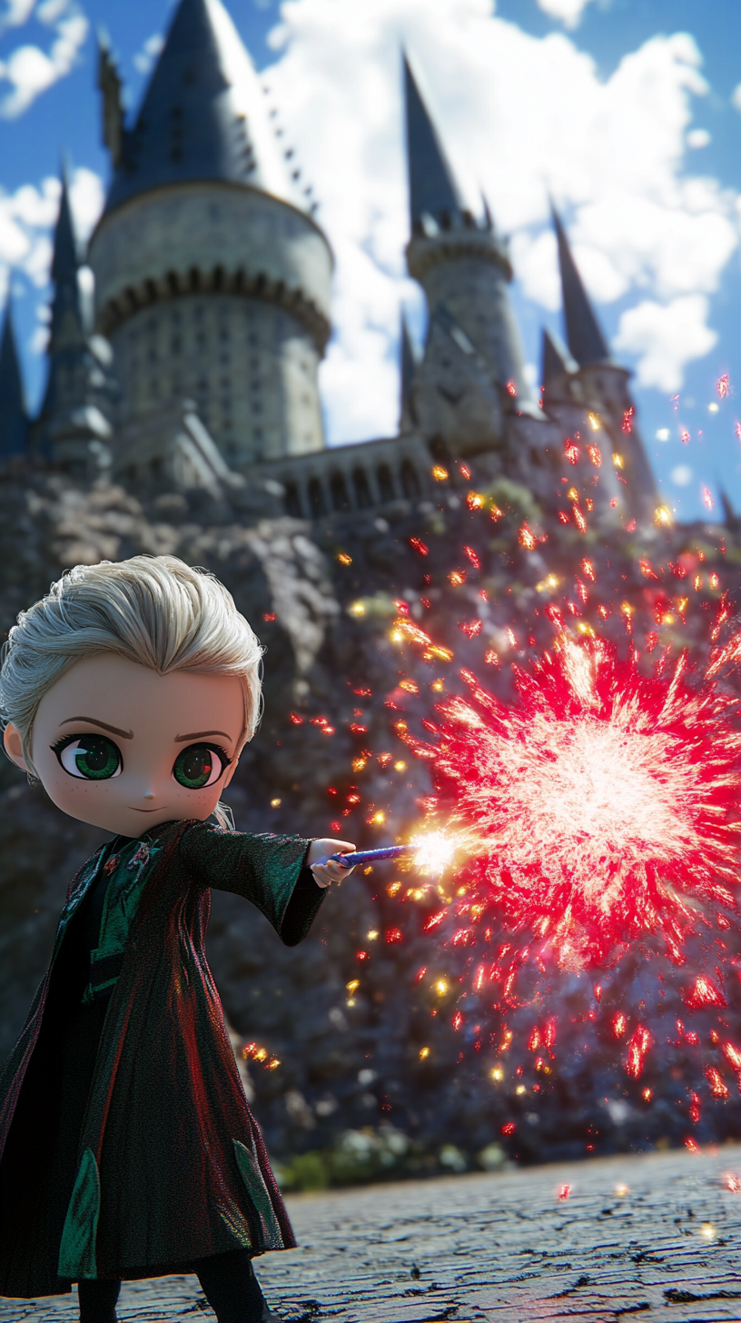 Chibi Groot and Elsa duel with powerful spells at Hogwarts.