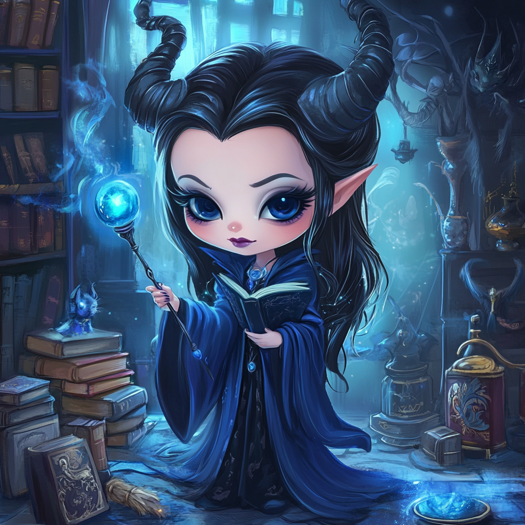 Chibi Maleficent in Ravenclaw robes, studying magical texts.