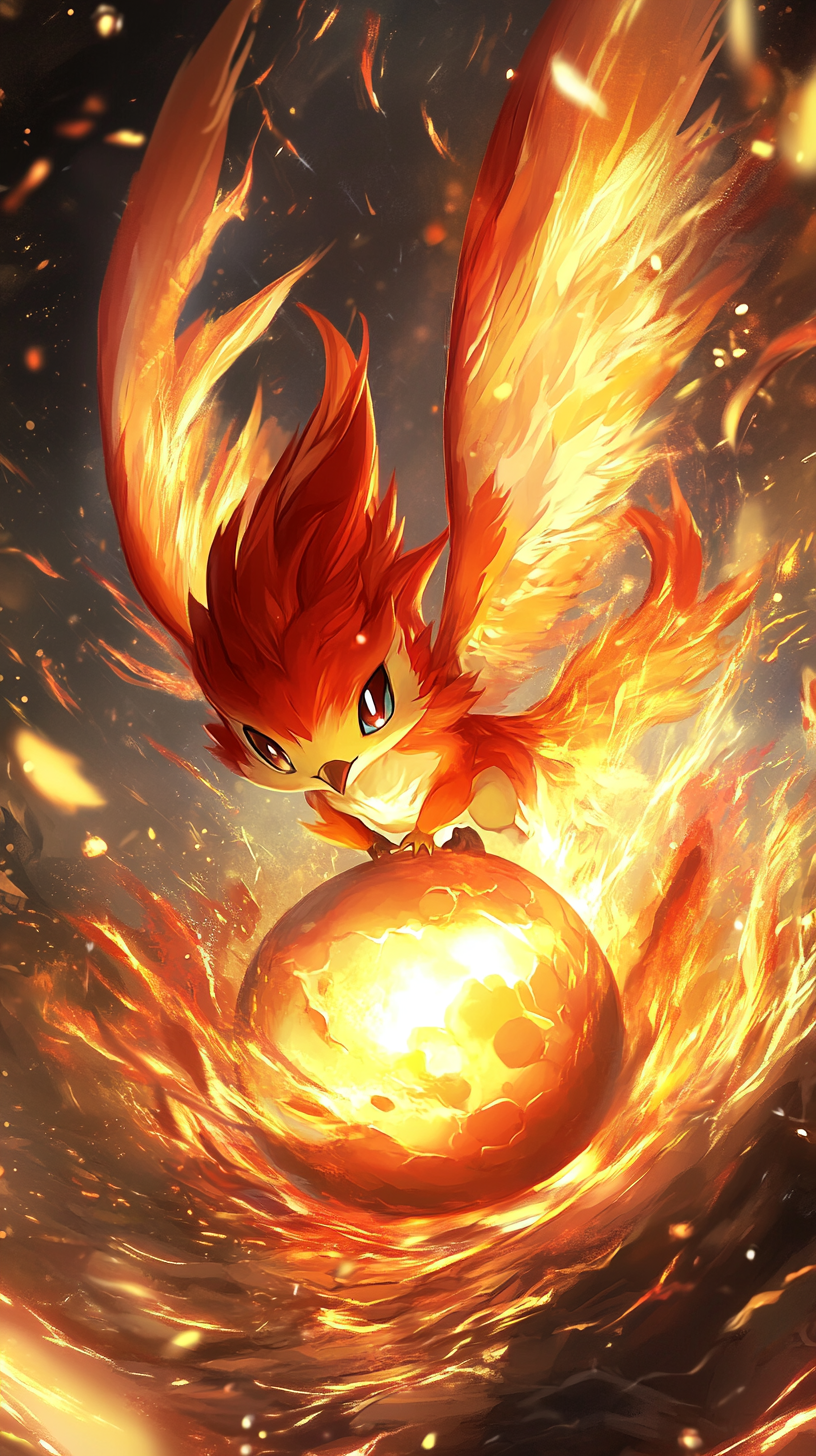 Chibi Moltres hatching from egg in fiery inferno.