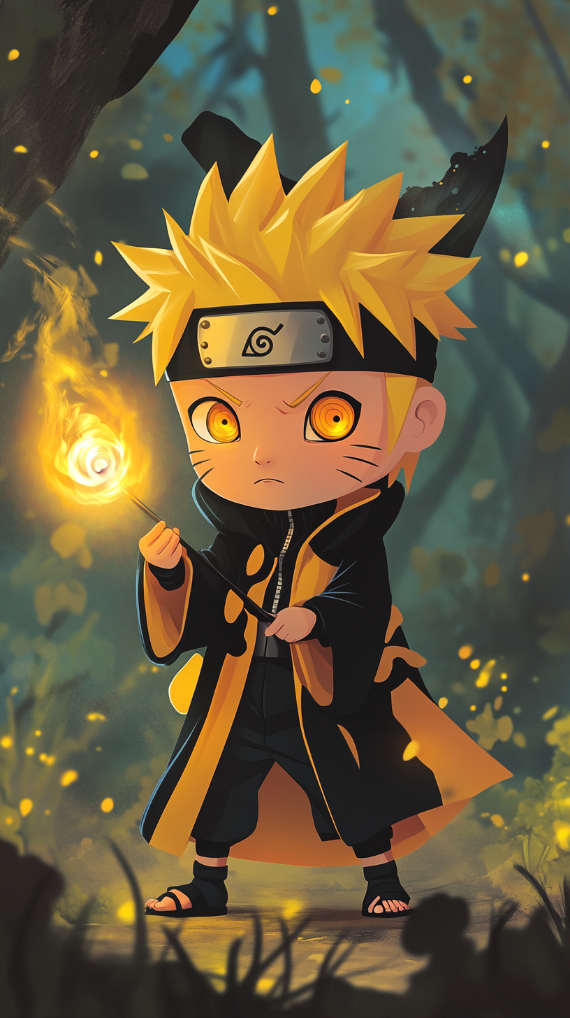 Chibi Naruto in Hufflepuff robes casting spell seriously.