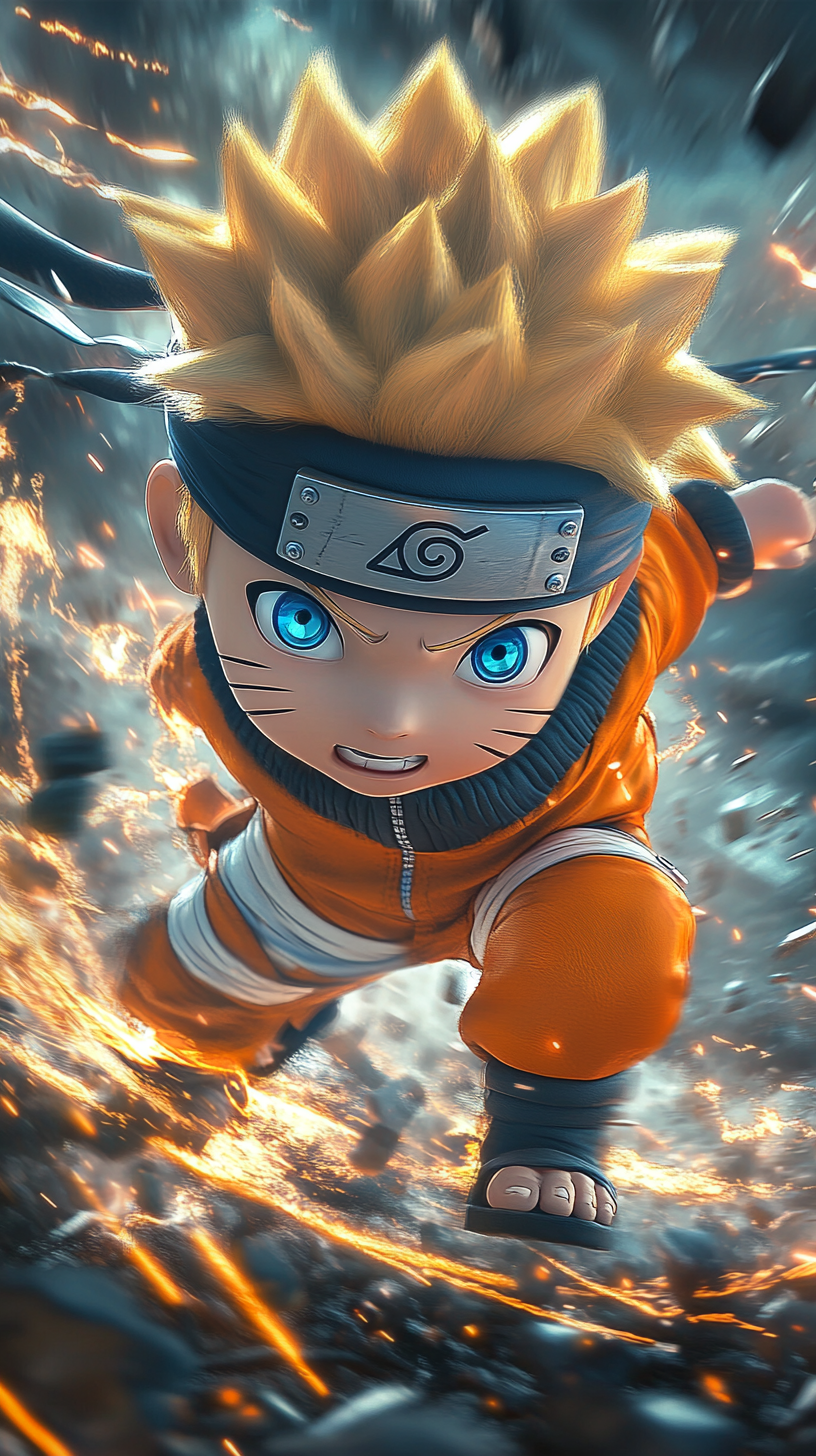 Chibi Naruto in intense battle with swirling chakra energy.