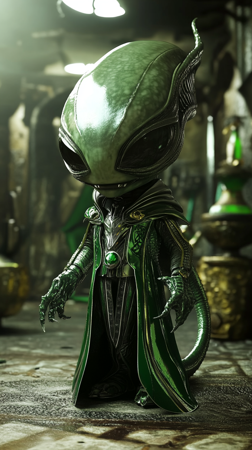 Chibi alien in Slytherin robes looks menacing.