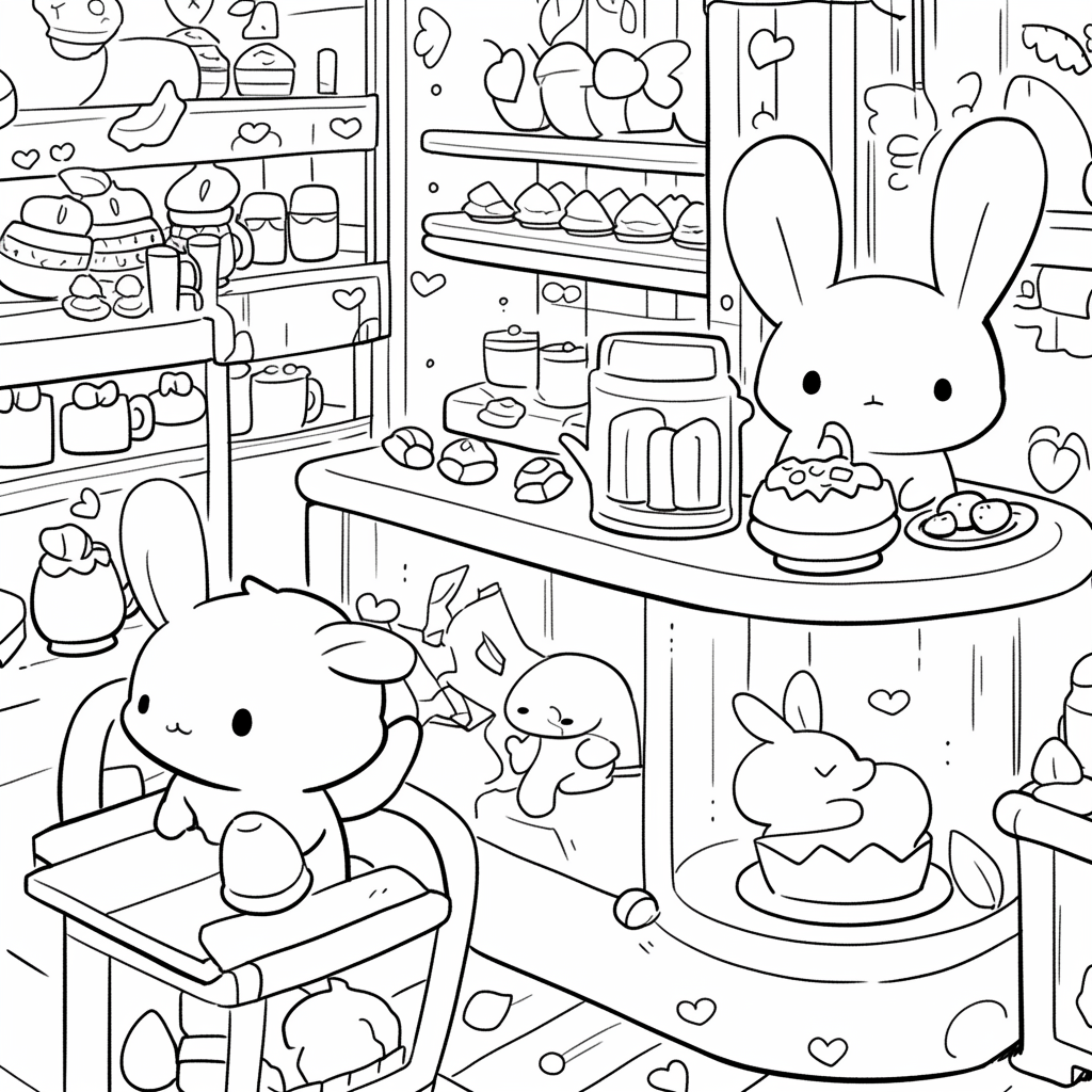 Chibi bunnies working in magical coffee shop.