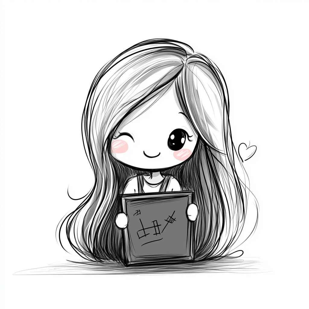 Chibi math teacher with long hair, holding blackboard.