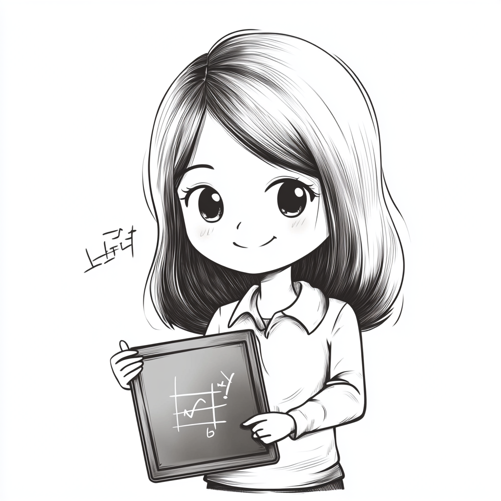 Chibi-style math teacher with shoulder-length hair holding blackboard.