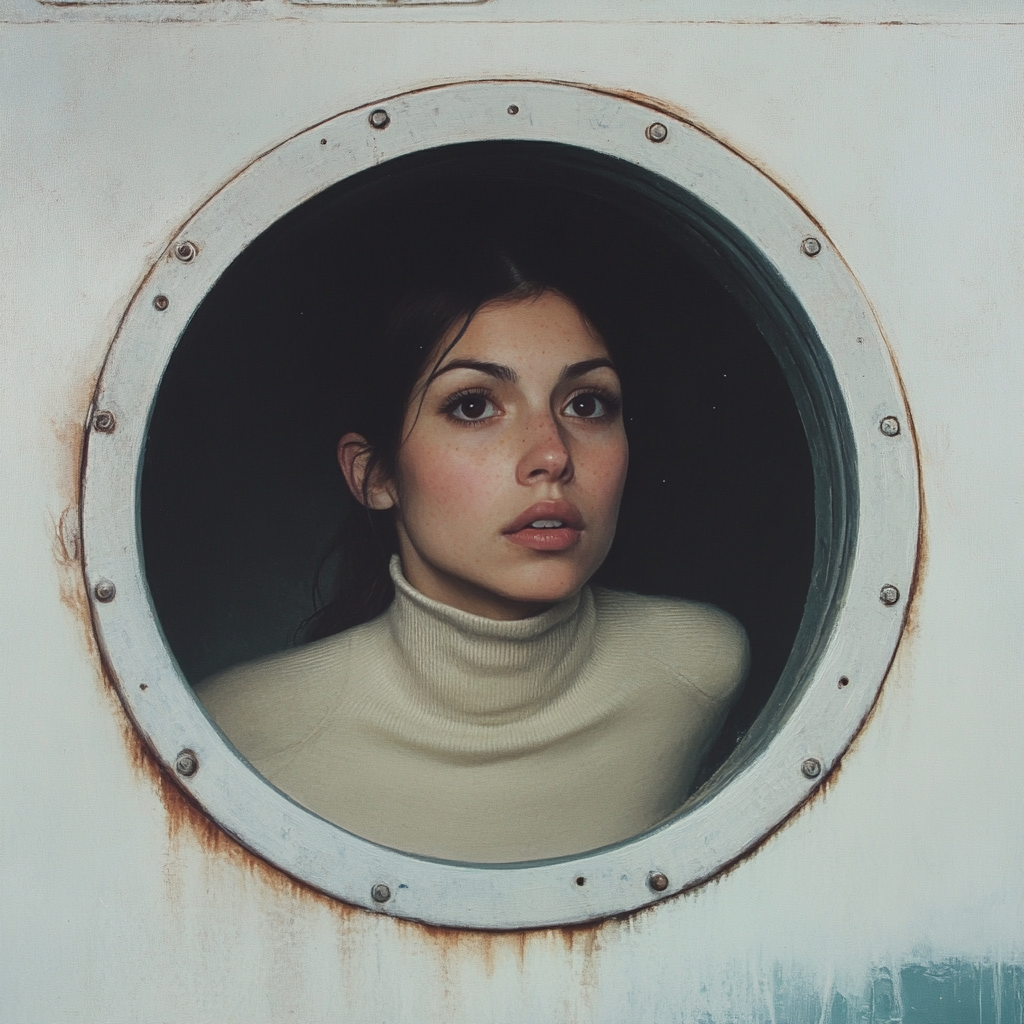 Chilean woman in cream turtleneck swimming from submarine.