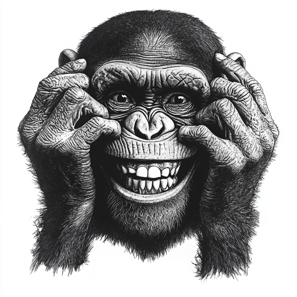 Chimpanzee covering eyes, smiling with joker grin.