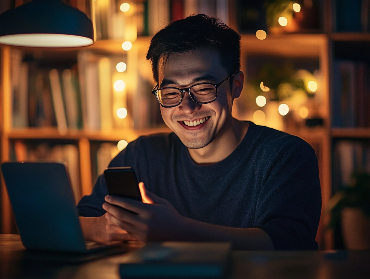 Chinese man in glasses video calling wife, smiling.