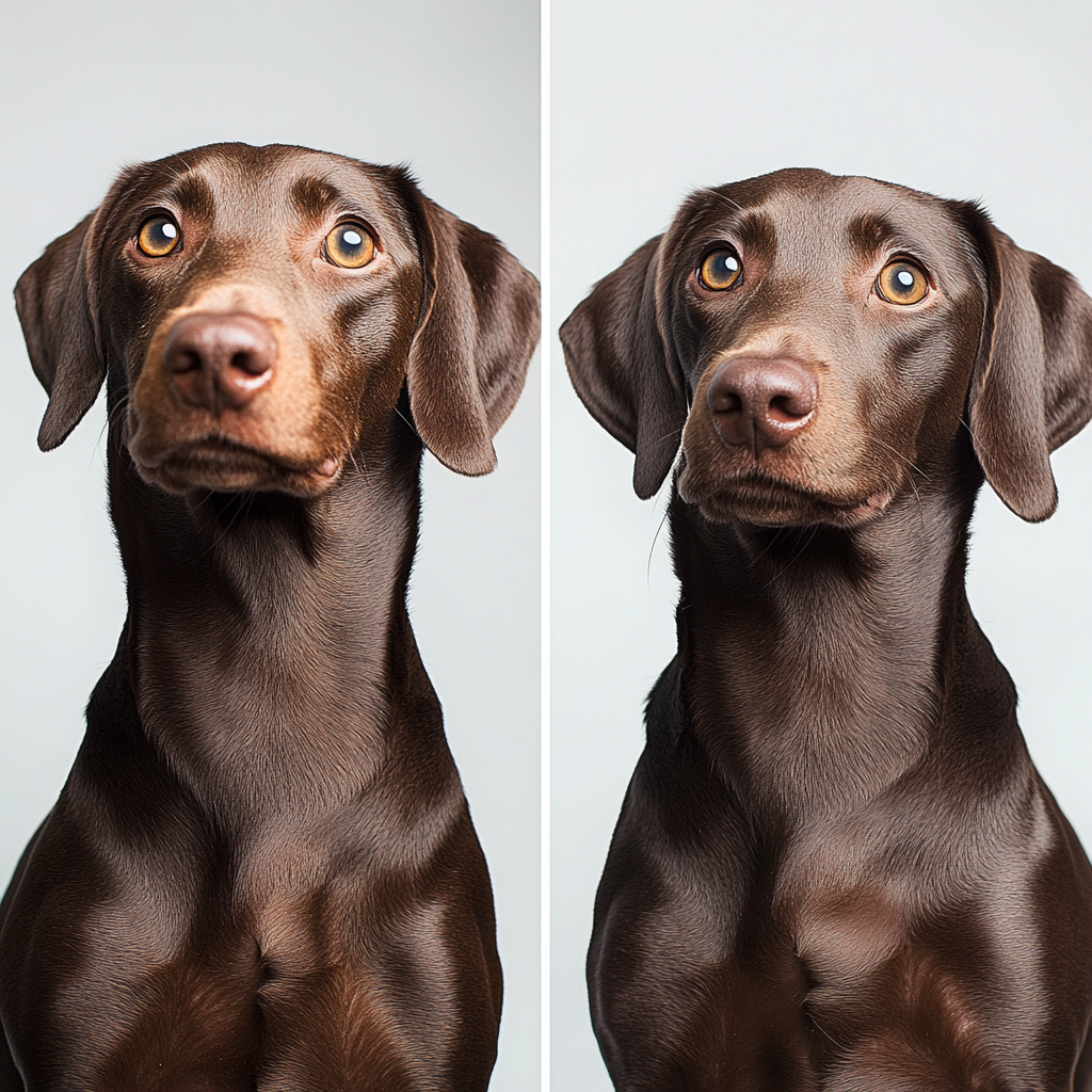 Chocolate dachshund sitting with warm and cool lighting studio.