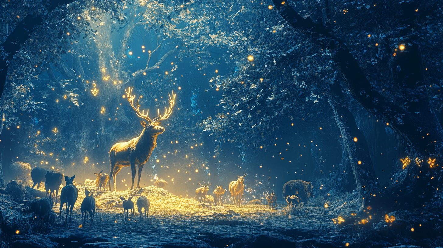 Christmas festival in gorgeous dark forest, with forest animals.