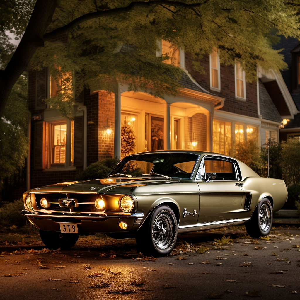 Cinematic 1968 Mustang with American Houses Background