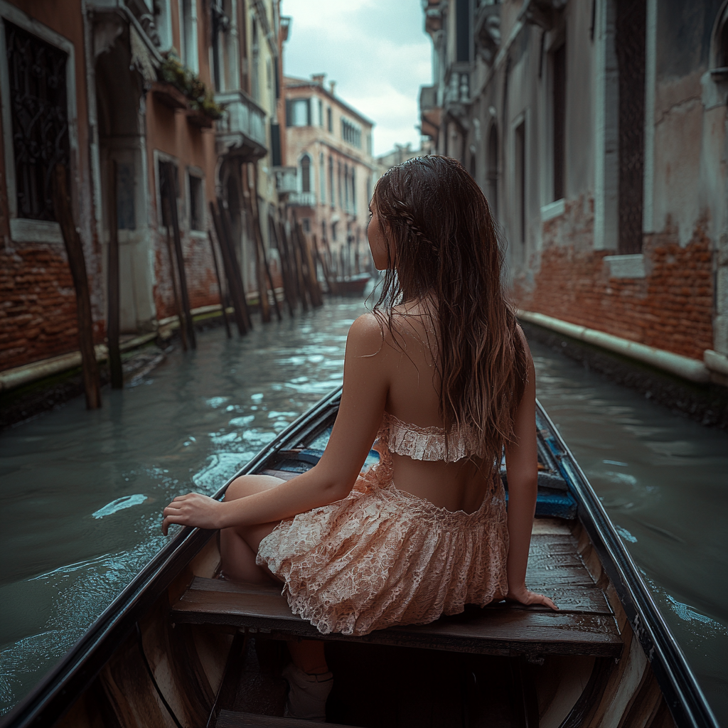 Cinematic photo of a girl in Venice canal, dramatic lighting.