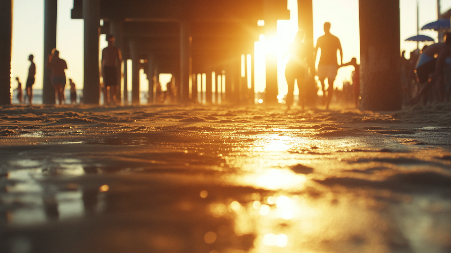 Cinematic photo of sunny beach with people enjoying themselves.