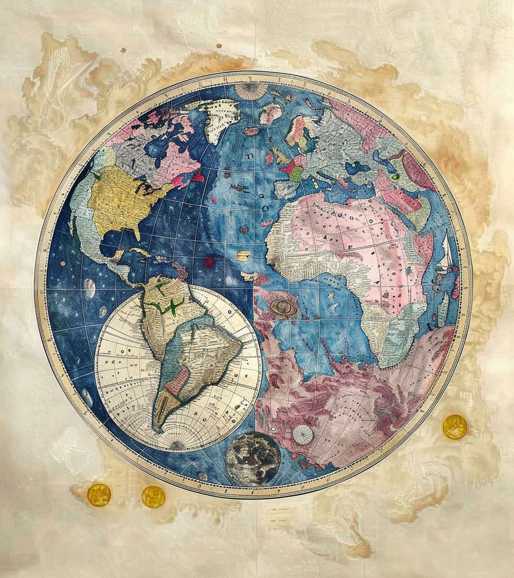 Circular world map with detailed pastel outlines, James Ensor-inspired.