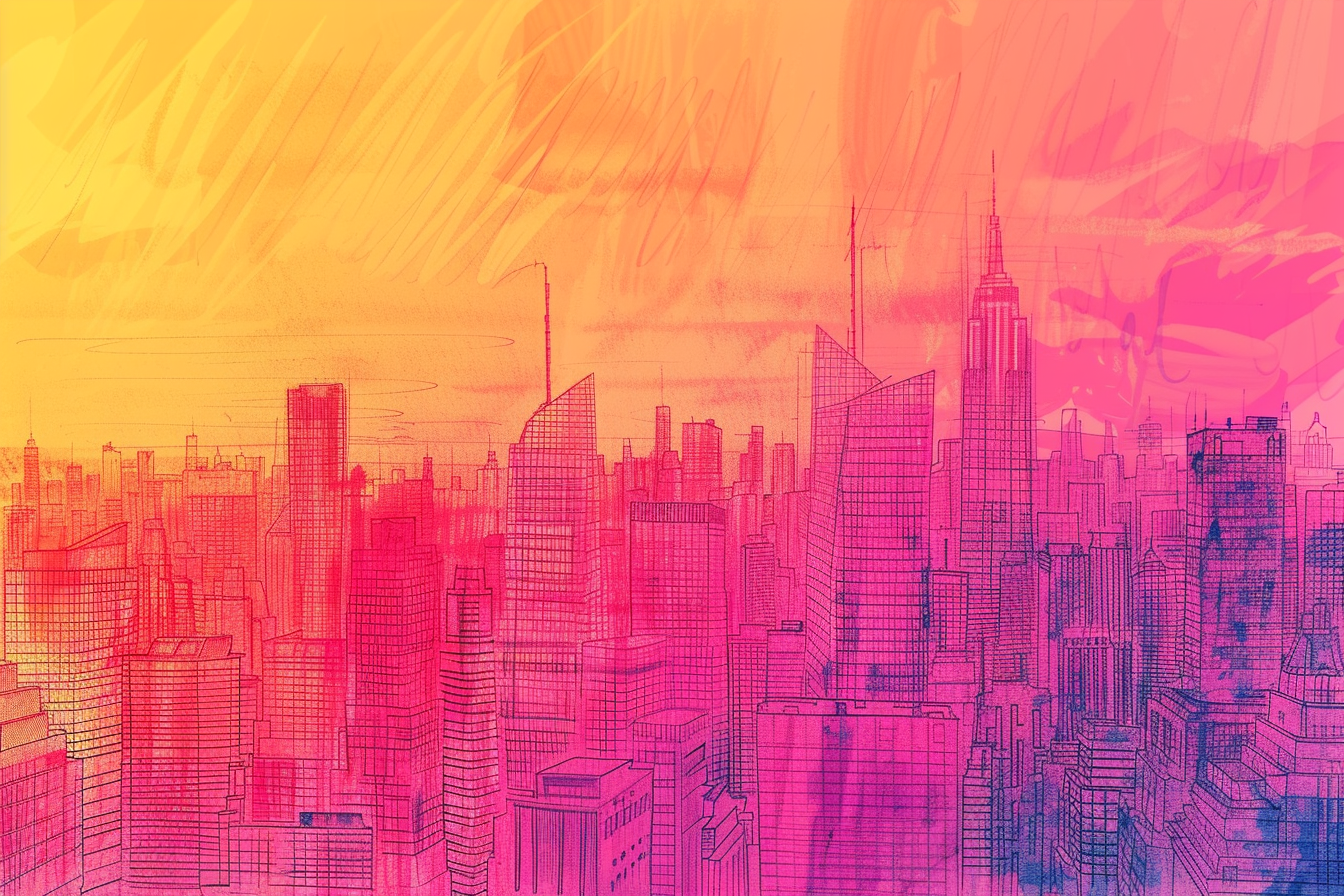 City skyline sketch with bold lines and colors.