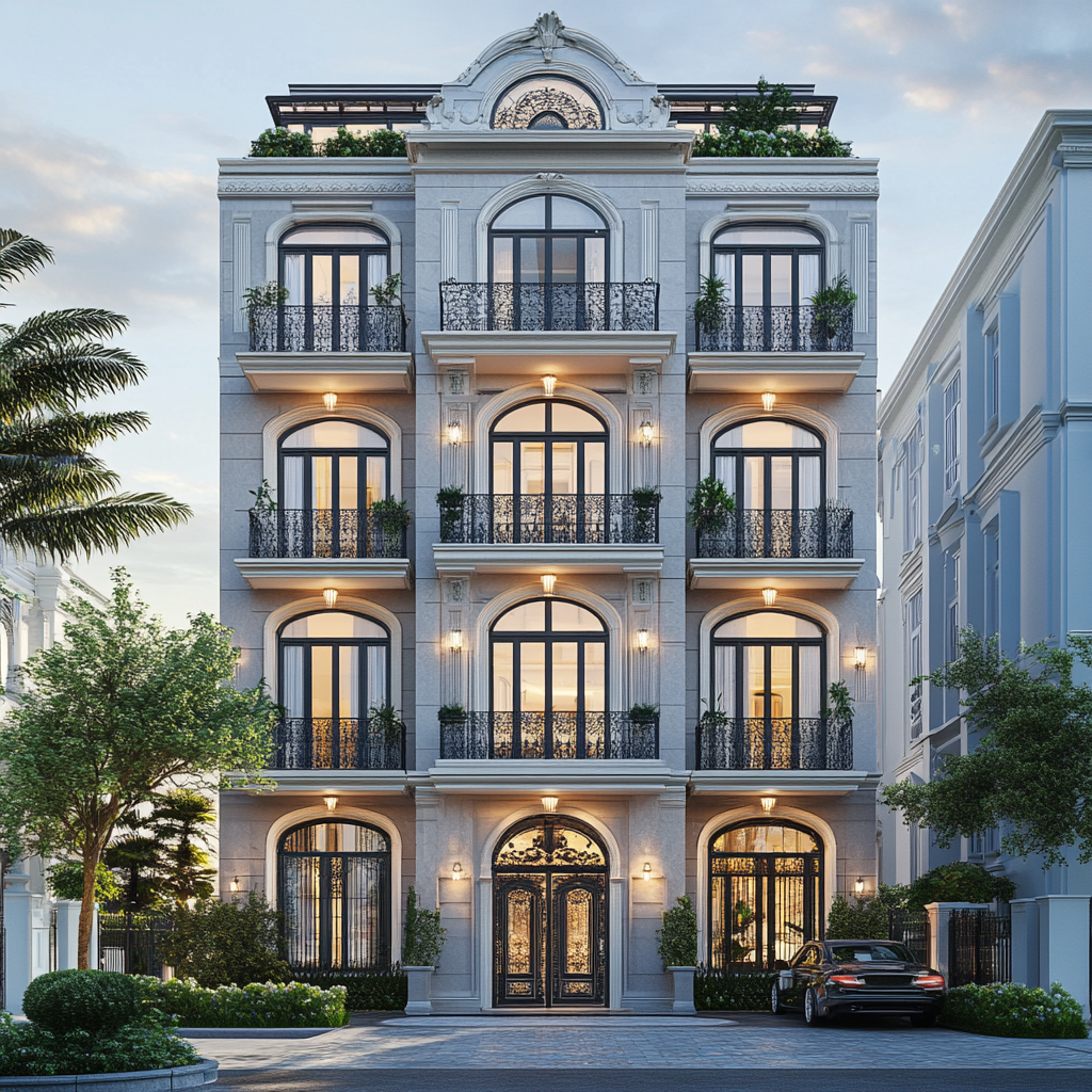 Classical building with penthouse, balconies, and neighboring buildings.