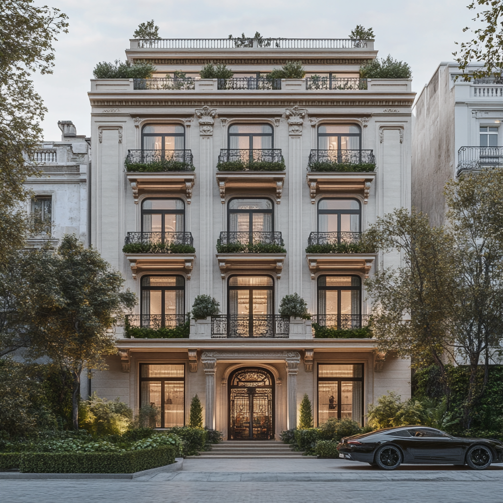 Close-out front view of 8-level building with balconies.