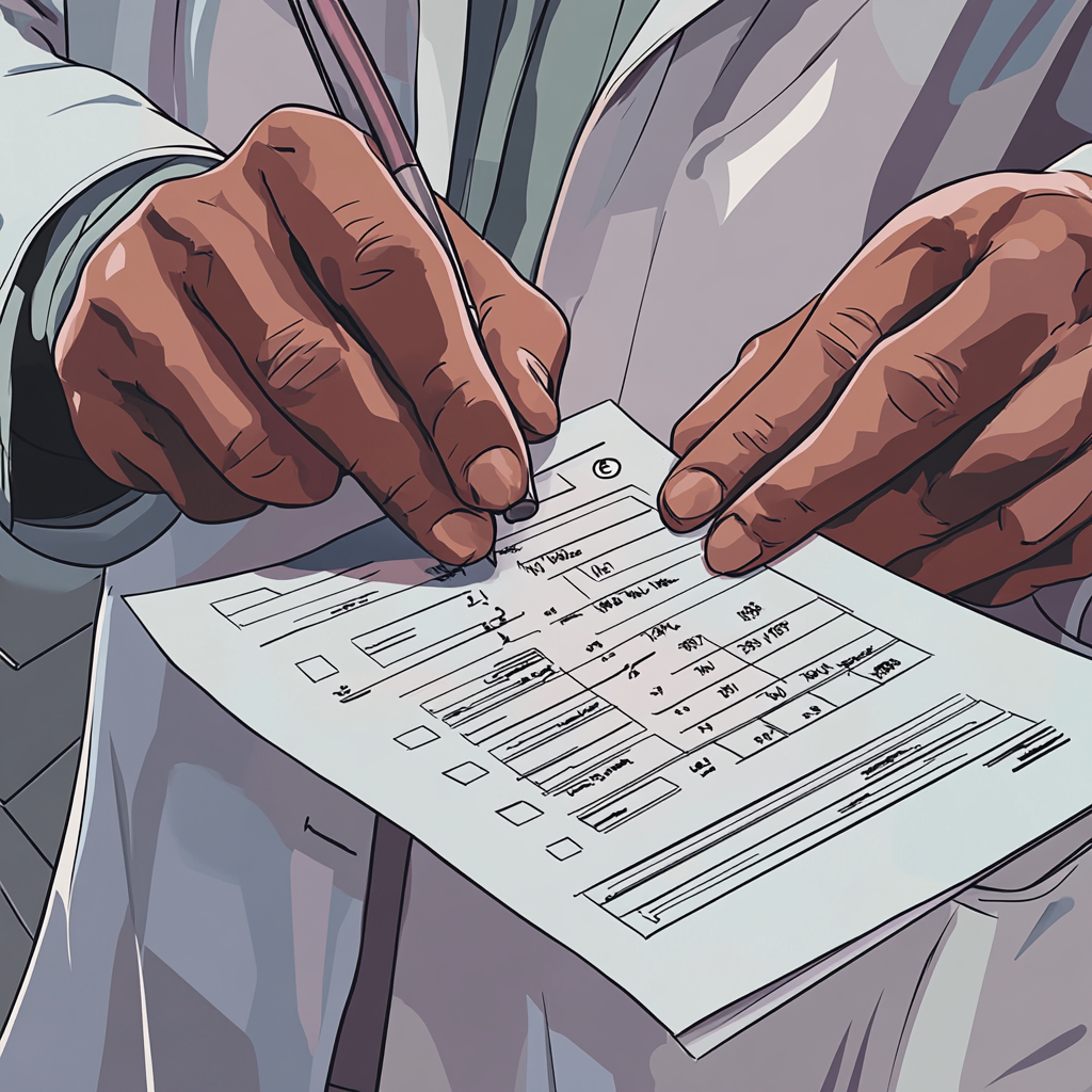 Close-up image of doctor's hands holding test results.